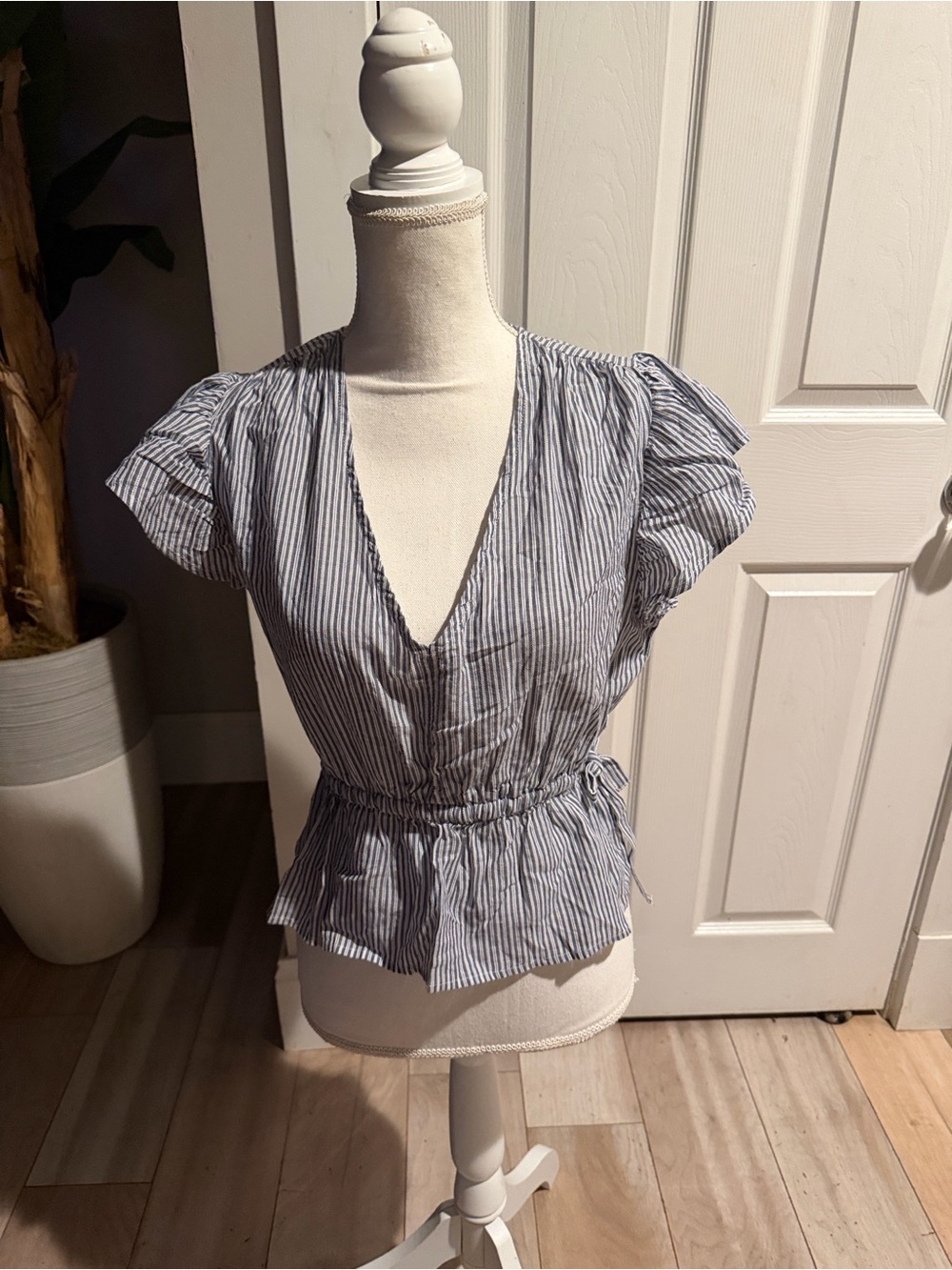 Habitual Blue and White Striped V-Neck Peplum Blouse
